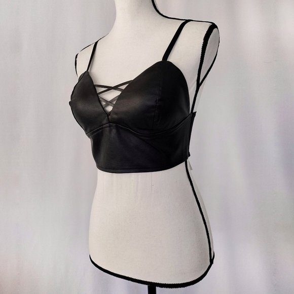 Like an Angel Black Vegan Leather Bustier Crop Top - Picture 3 of 11